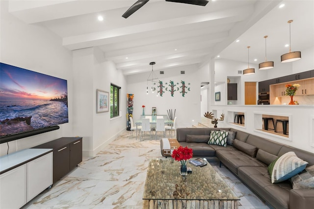 living area featuring ceiling fan, baseboards, lofted ceiling with beams, marble finish floor, and recessed lighting