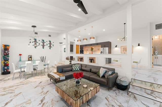 living area featuring high vaulted ceiling, visible vents, beam ceiling, and marble finish floor