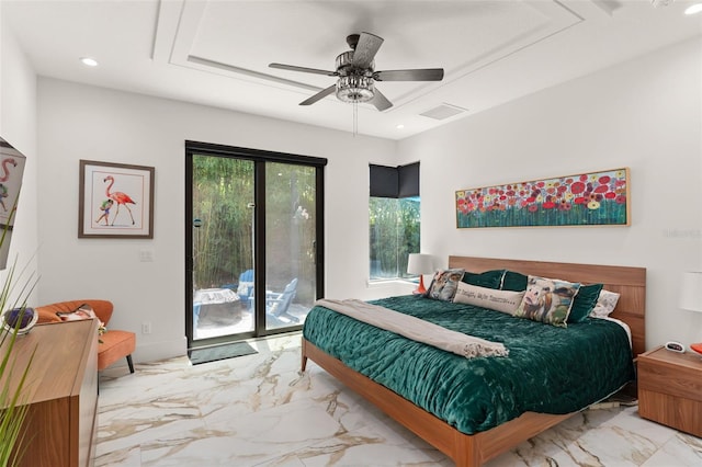 bedroom featuring visible vents, marble finish floor, access to outside, recessed lighting, and a ceiling fan
