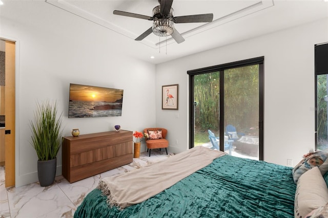 bedroom with access to outside, ceiling fan, recessed lighting, and marble finish floor