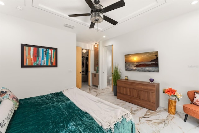 bedroom featuring recessed lighting, attic access, marble finish floor, and visible vents