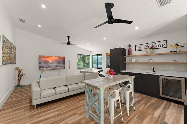 kitchen featuring visible vents, open shelves, wine cooler, and a ceiling fan