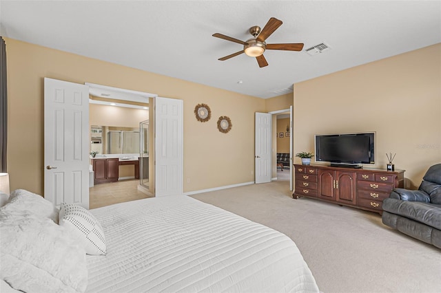 bedroom featuring baseboards, a ceiling fan, light colored carpet, and visible vents