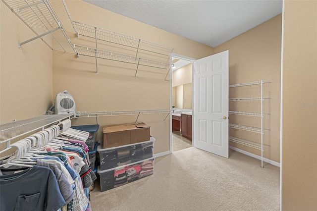 walk in closet featuring light carpet