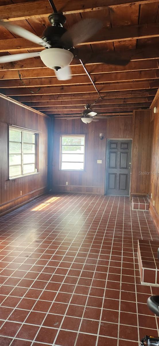 basement featuring wooden walls and plenty of natural light