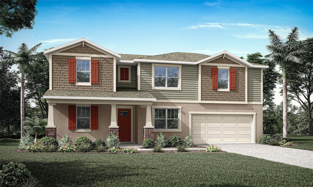 craftsman inspired home with a front lawn, covered porch, stucco siding, concrete driveway, and an attached garage