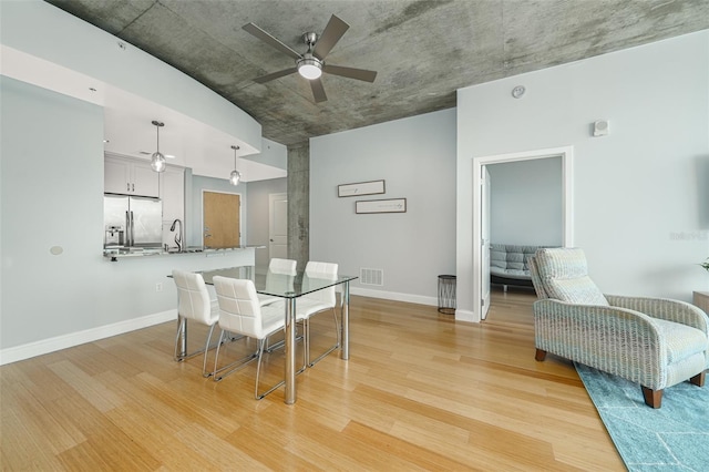 155 S Court Ave Unit 1305, Orlando, FL 32801 - dining space featuring light wood-type flooring, a ceiling fan, baseboards, and visible vents