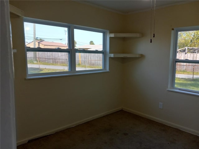 carpeted empty room with crown molding and baseboards