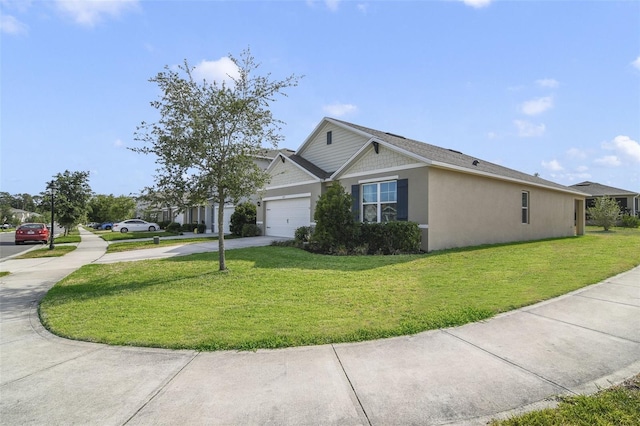 view of side of home with concrete driveway, a lawn, an attached garage, and stucco siding