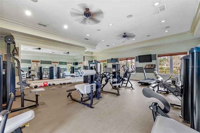 workout area featuring a ceiling fan, ornamental molding, recessed lighting, and carpet floors