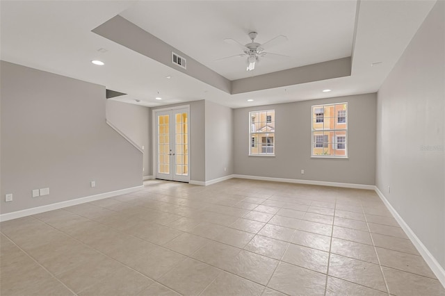 unfurnished room featuring recessed lighting, light tile patterned floors, ceiling fan, baseboards, and french doors