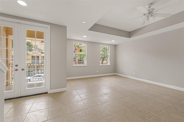unfurnished room featuring light tile patterned floors, french doors, recessed lighting, baseboards, and ceiling fan