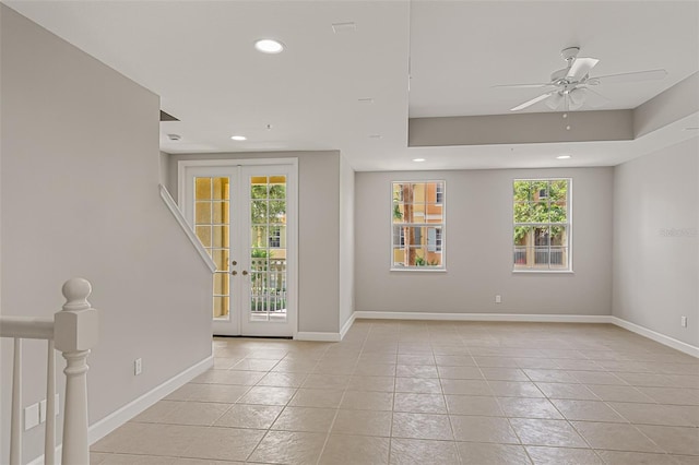 entryway featuring recessed lighting, baseboards, light tile patterned flooring, a ceiling fan, and french doors