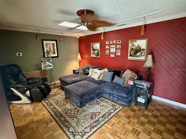 300 Broadview Ave, Altamonte Springs, FL 32701 - living room with crown molding, baseboards, ceiling fan, an accent wall, and wooden walls