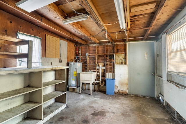 below grade area with water heater and a sink