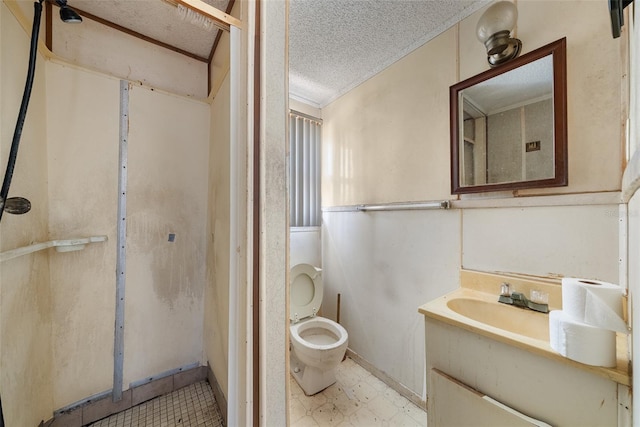 bathroom with toilet, a textured ceiling, and vanity