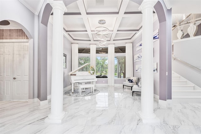 1450 Belfiore Way, Windermere, FL 34786 - entrance foyer with marble tiled floors, coffered ceiling, beamed ceiling, crown molding, and stairs