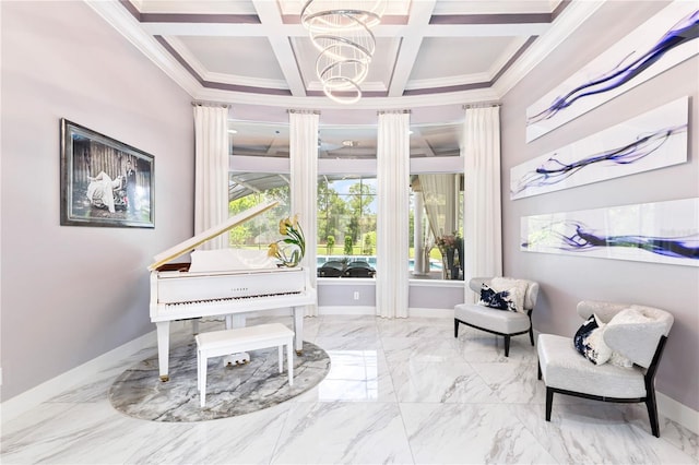 1450 Belfiore Way, Windermere, FL 34786 - sitting room with a chandelier, ornamental molding, beamed ceiling, coffered ceiling, and marble finish flooring