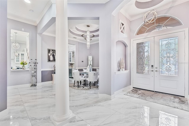 1450 Belfiore Way, Windermere, FL 34786 - entryway with crown molding, a chandelier, marble tiled flooring, french doors, and recessed lighting