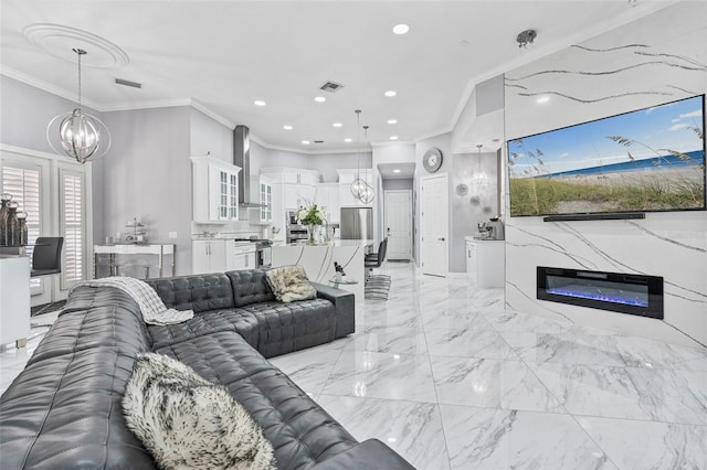 1450 Belfiore Way, Windermere, FL 34786 - living area featuring a chandelier, crown molding, recessed lighting, and light marble finish flooring