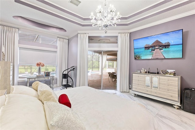 1450 Belfiore Way, Windermere, FL 34786 - bedroom with access to exterior, a chandelier, multiple windows, ornamental molding, and marble look tiles