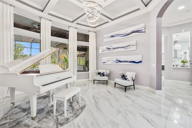 1450 Belfiore Way, Windermere, FL 34786 - sitting room with crown molding, healthy amount of natural light, arched walkways, marble tiled floors, and a chandelier