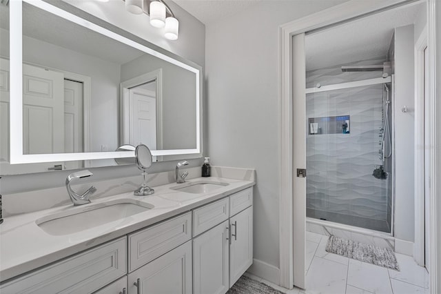 1450 Belfiore Way, Windermere, FL 34786 - full bathroom with marble finish flooring, double vanity, and a stall shower