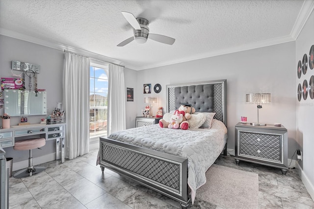 1450 Belfiore Way, Windermere, FL 34786 - bedroom featuring marble finish floors, crown molding, access to outside, a textured ceiling, and ceiling fan