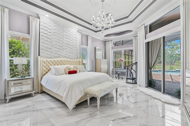 1450 Belfiore Way, Windermere, FL 34786 - bedroom with access to exterior, ornamental molding, a chandelier, a raised ceiling, and marble tiled floors