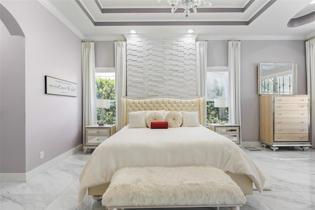 1450 Belfiore Way, Windermere, FL 34786 - bedroom with arched walkways, light marble finish flooring, ornamental molding, multiple windows, and a tray ceiling