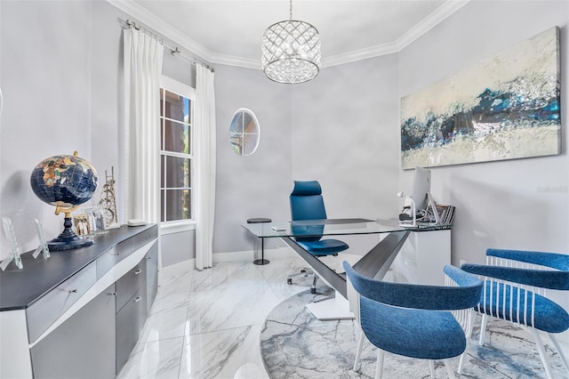 1450 Belfiore Way, Windermere, FL 34786 - office space featuring crown molding, a chandelier, and marble finish flooring