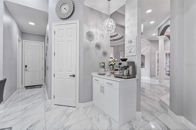 1450 Belfiore Way, Windermere, FL 34786 - bar featuring arched walkways, crown molding, decorative columns, light marble finish floors, and recessed lighting