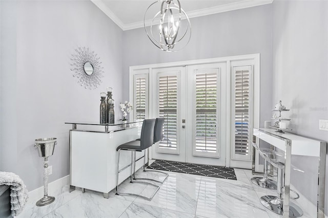 1450 Belfiore Way, Windermere, FL 34786 - home office with marble look tile flooring, crown molding, and a chandelier