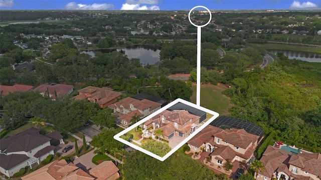 1450 Belfiore Way, Windermere, FL 34786 - aerial perspective of suburban area with property parcel outlined and a nearby body of water