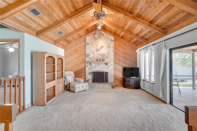 unfurnished living room featuring carpet flooring, visible vents, wooden ceiling, and vaulted ceiling with beams