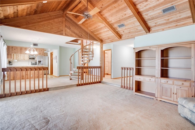 unfurnished living room featuring visible vents, high vaulted ceiling, light colored carpet, wood ceiling, and ceiling fan with notable chandelier