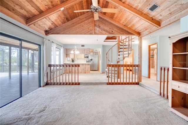 unfurnished living room with visible vents, ceiling fan, light carpet, and wooden ceiling