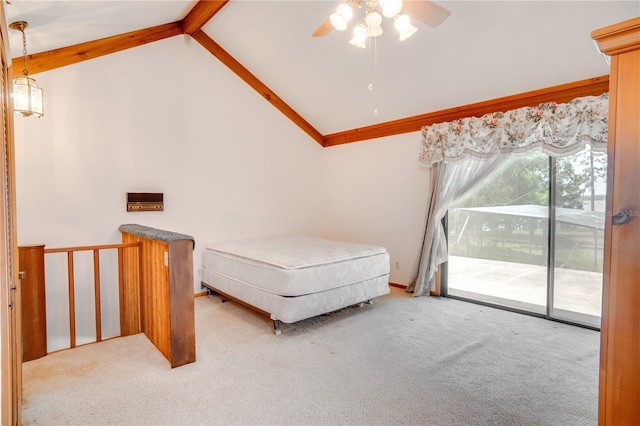 bedroom with access to outside, ceiling fan, vaulted ceiling with beams, and carpet