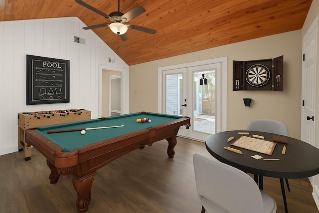 6803 Round Lake Rd, Mount Dora, FL 32757 - playroom with wooden ceiling, wood finished floors, billiards, vaulted ceiling, and french doors