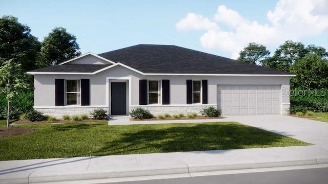 25416 Jubal St, Punta Gorda, FL 33955 - ranch-style home with driveway, a garage, a front lawn, a shingled roof, and stucco siding