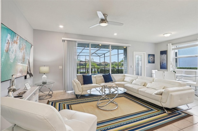 7554 Oak Spring Ln, Davenport, FL 33837 - tiled living room featuring a ceiling fan and recessed lighting