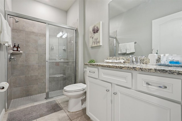 7554 Oak Spring Ln, Davenport, FL 33837 - bathroom with vanity, toilet, a stall shower, and tile patterned flooring