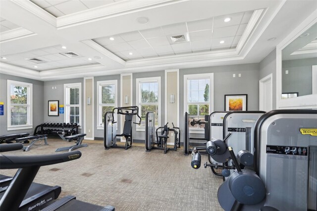 7554 Oak Spring Ln, Davenport, FL 33837 - workout area with carpet floors, ornamental molding, plenty of natural light, coffered ceiling, and baseboards