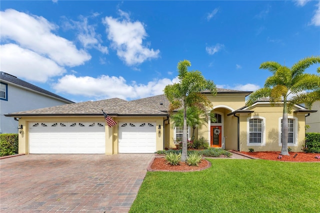 view of front of property featuring stucco siding, an attached garage, decorative driveway, and a front yard