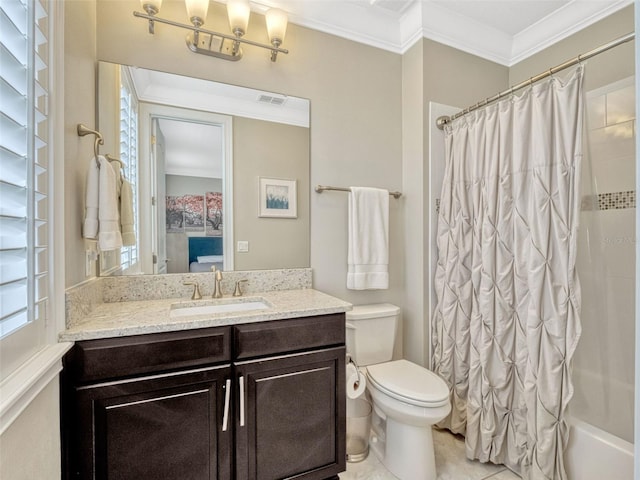 bathroom with vanity, ornamental molding, visible vents, toilet, and shower / tub combo