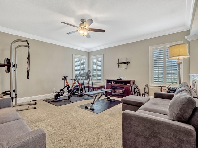 workout room featuring crown molding, baseboards, ceiling fan, and carpet flooring