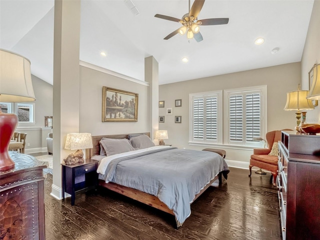 bedroom featuring dark wood-style flooring, baseboards, visible vents, and lofted ceiling