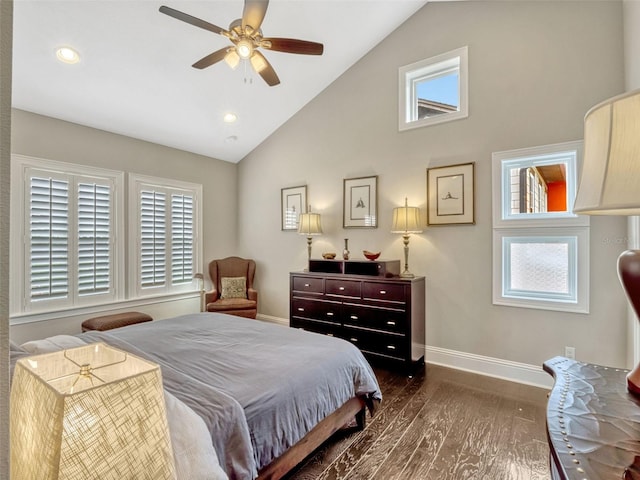 bedroom featuring baseboards, high vaulted ceiling, recessed lighting, dark wood-type flooring, and a ceiling fan