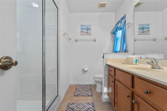 full bath featuring toilet, vanity, visible vents, and a shower stall
