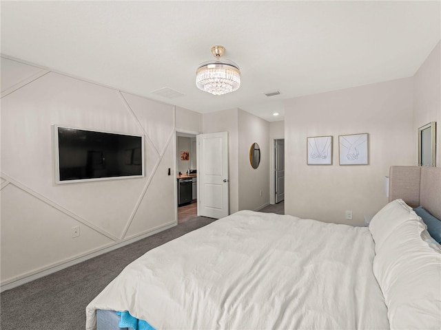 bedroom with dark colored carpet and visible vents